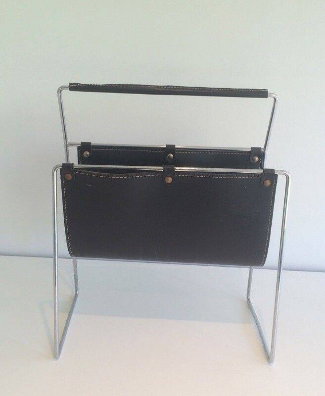 Chrome and black leather magazine rack