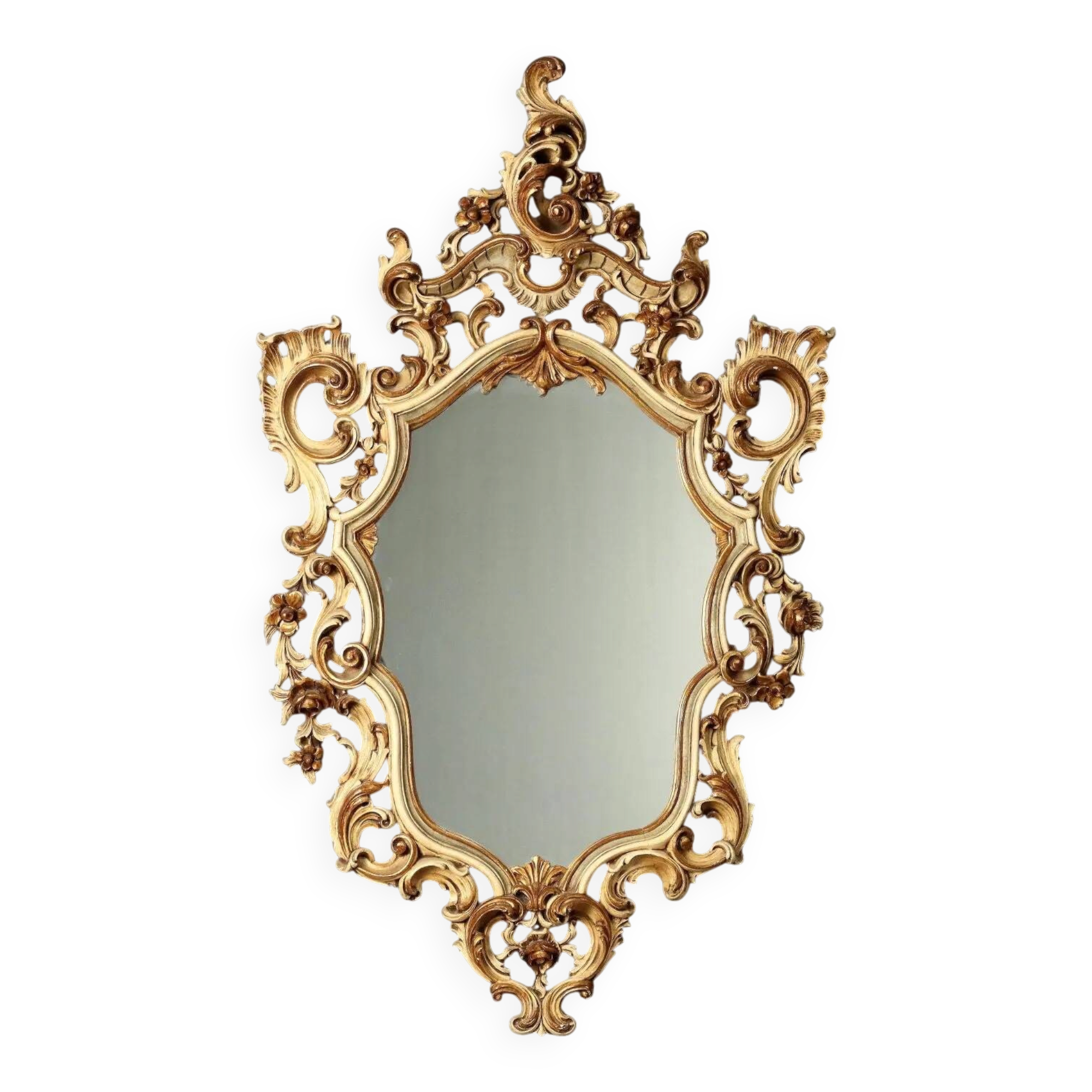 Antique lacquered and gilded wooden mirror, Italy, early 20th century.