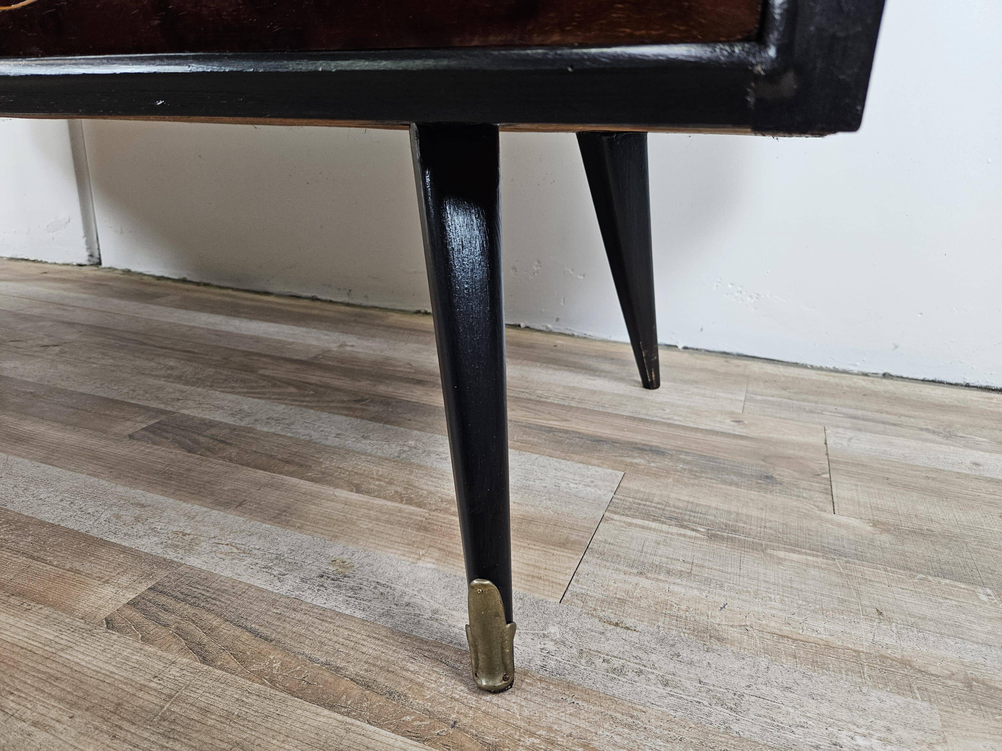 1960s chest of drawers in mahogany and lacquered mahogany with blue glass