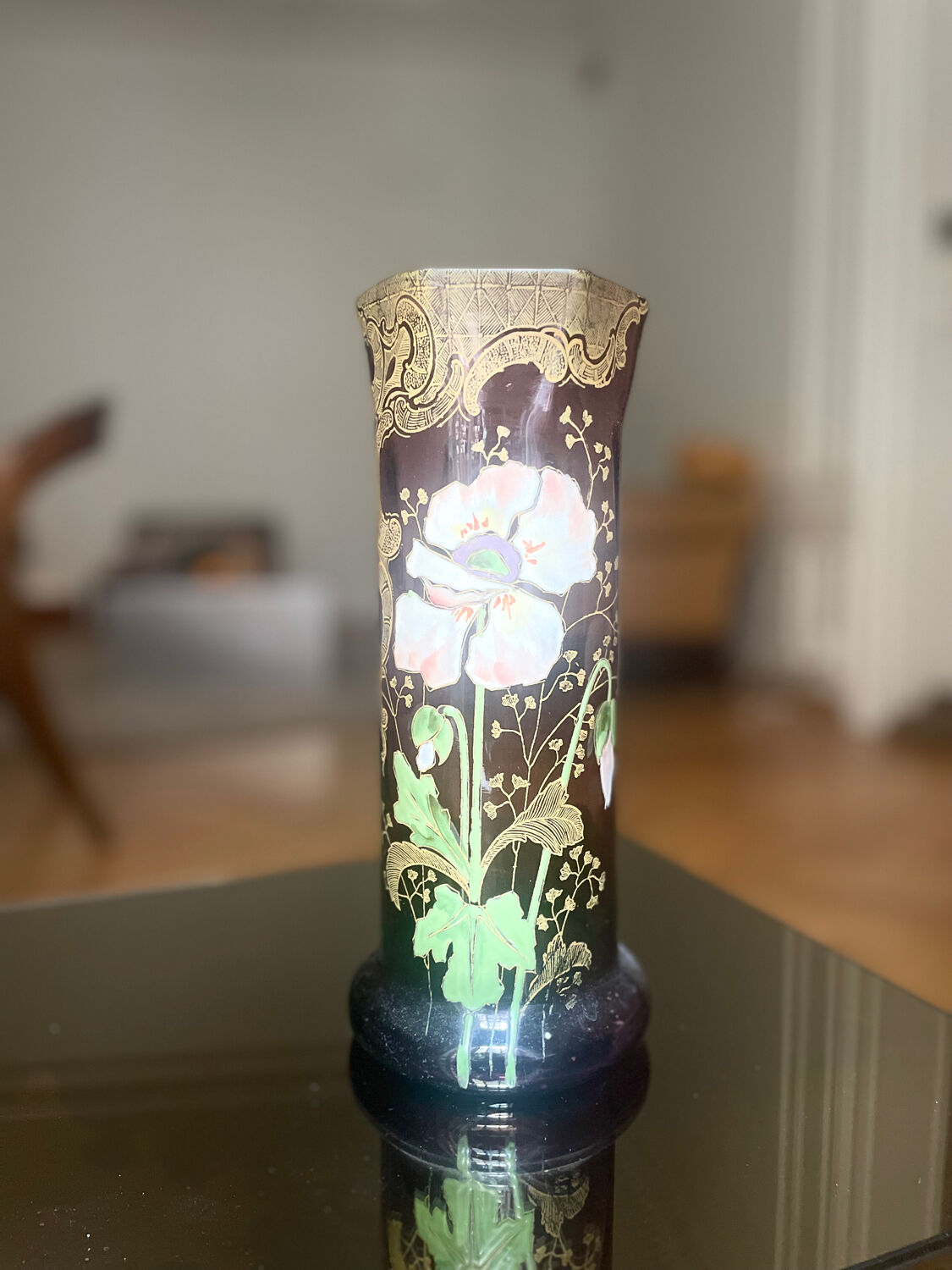 Art Nouveau vase, enamelled and gilded glass with floral decoration – Legras style