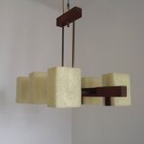 Vintage Retro Scandinavian Style 6 Light Teak Brass & Perspex Chandelier 4444