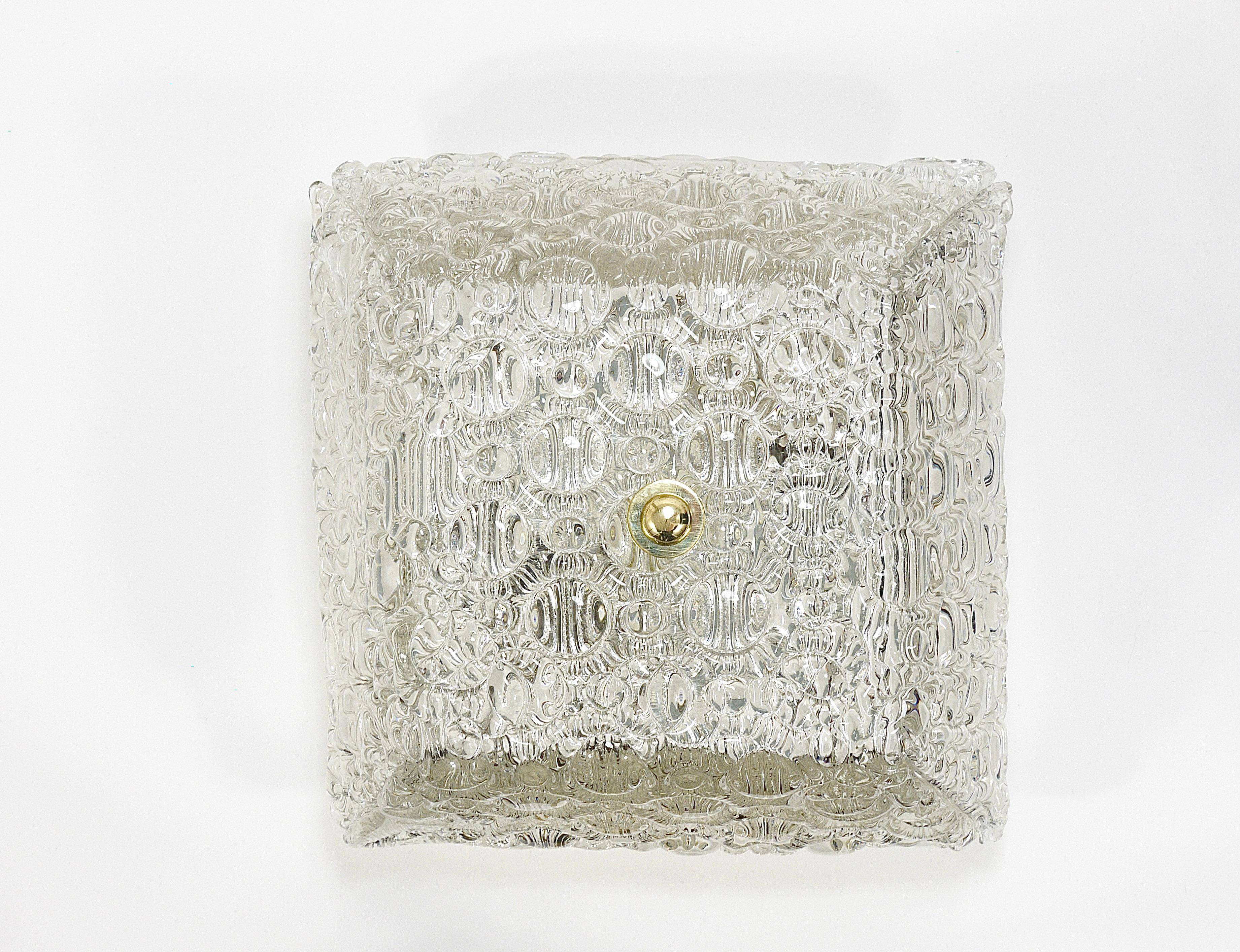 J.T. Kalmar Square Applique Ceiling Light in Brass and Textured Glass, 1950s
