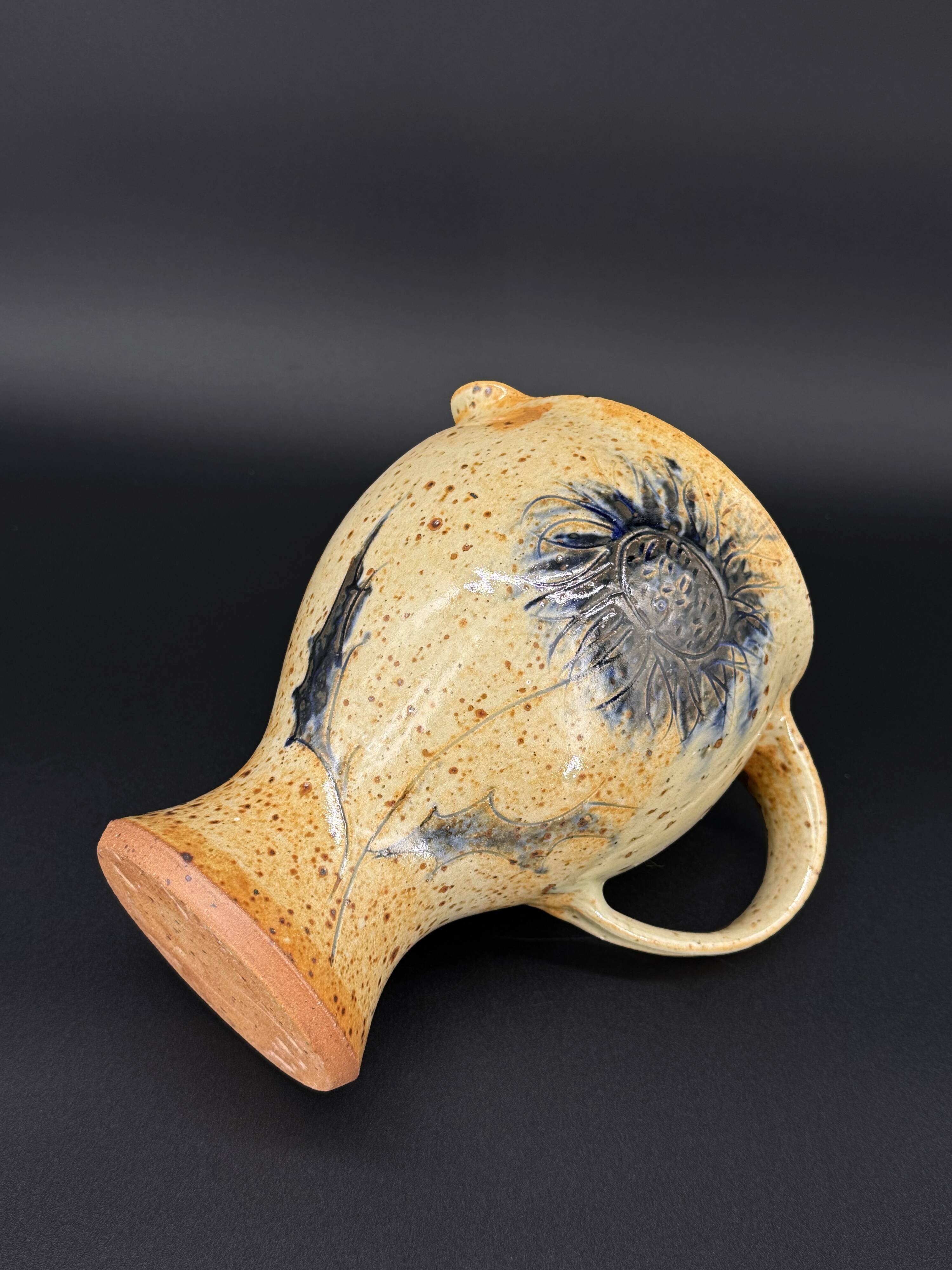 Stoneware pitcher signed Suzanne Dauliach – Incised Floral Thistle Decor