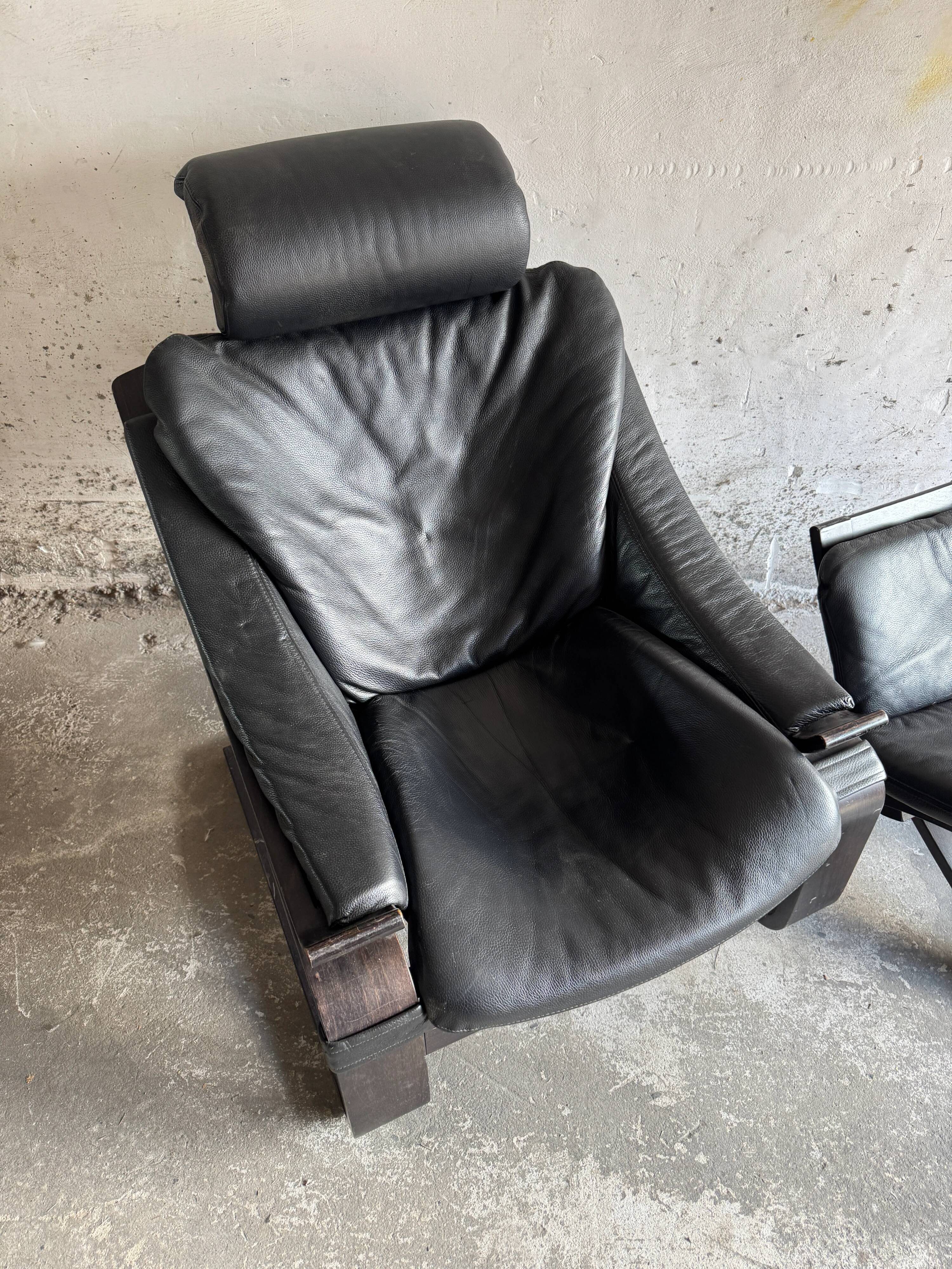 Vintage Scandinavian Black Leather Armchair with Ottoman — Solid Dark Wood Frame, Mid‑Century Modern