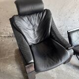 Vintage Scandinavian Black Leather Armchair with Ottoman — Solid Dark Wood Frame, Mid‑Century Modern