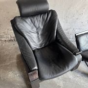 Vintage Scandinavian Black Leather Armchair with Ottoman — Solid Dark Wood Frame, Mid‑Century Modern