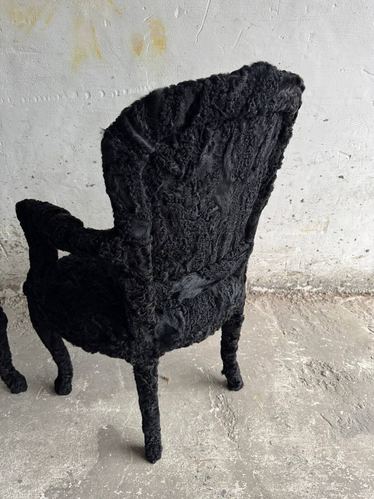 Set of 2 Black Feather-Textured Upholstered Theatrical Armchairs — Wood Frame, Dramatic Baroque Revival Style