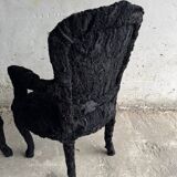 Set of 2 Black Feather-Textured Upholstered Theatrical Armchairs — Wood Frame, Dramatic Baroque Revival Style