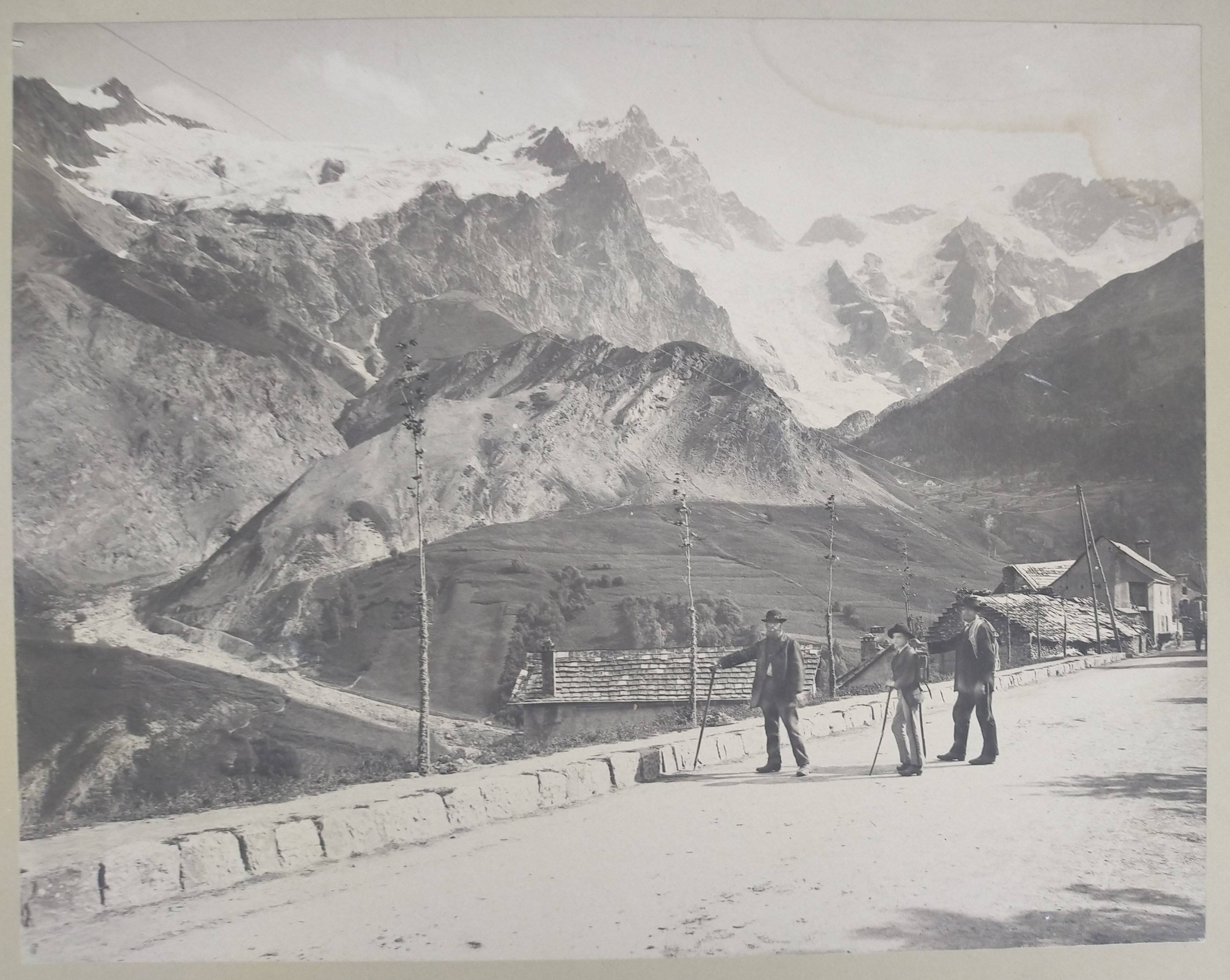 Old print printed on albumen paper Mountain landscape Alps hikers
