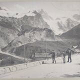 Old print printed on albumen paper Mountain landscape Alps hikers