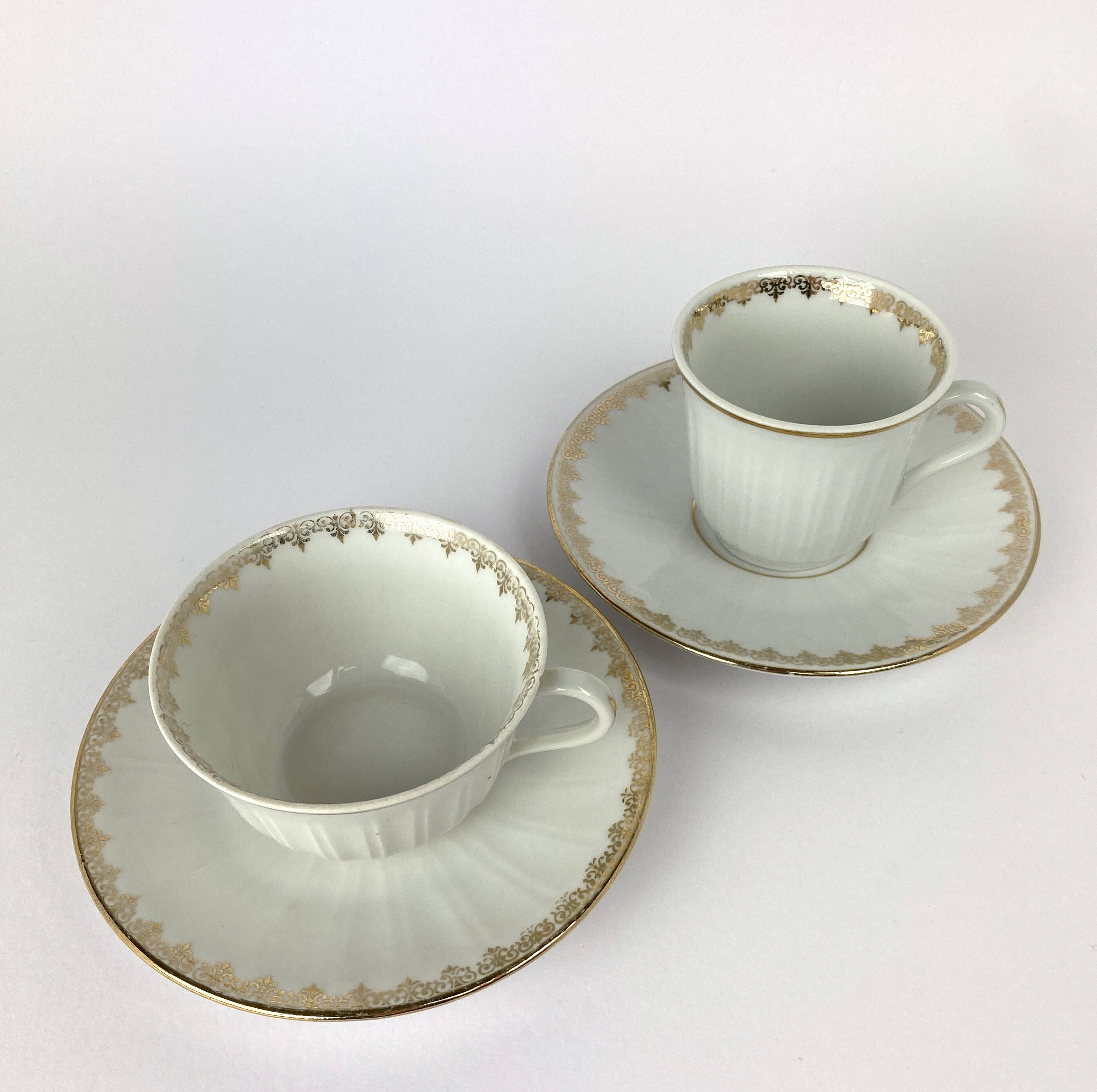 Vintage Mismatched Set of 6 Porcelain Cups and 5 Saucers - Gold