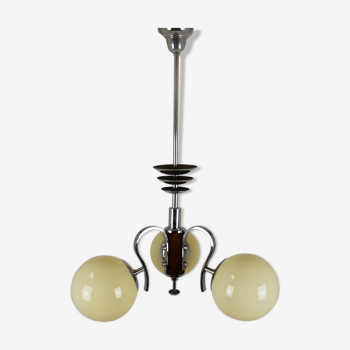 Bauhaus chrome & wood chandelier, 1940