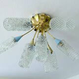 plafonnier lampe vintage, annees 50, verre laiton, bleu beige or