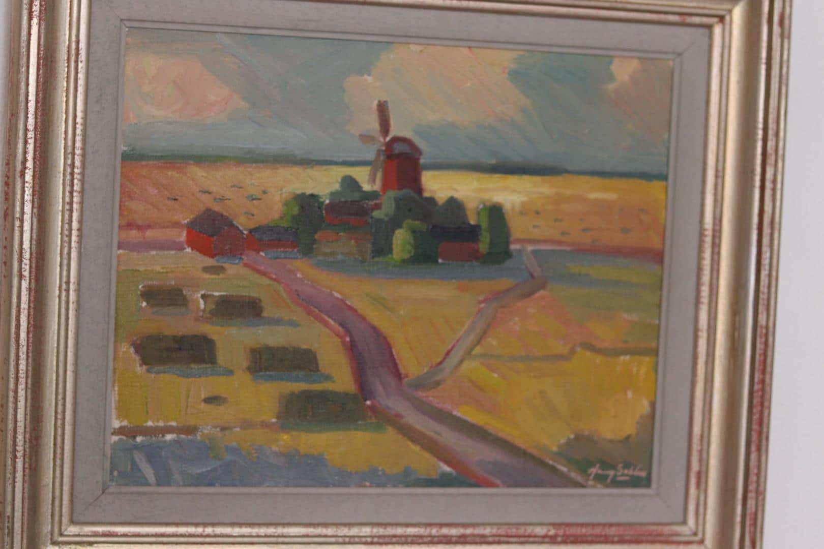 Huile sur toile originale suédoise – « Paysage avec moulin à vent » par Harry Sahlin