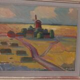 Huile sur toile originale suédoise – « Paysage avec moulin à vent » par Harry Sahlin