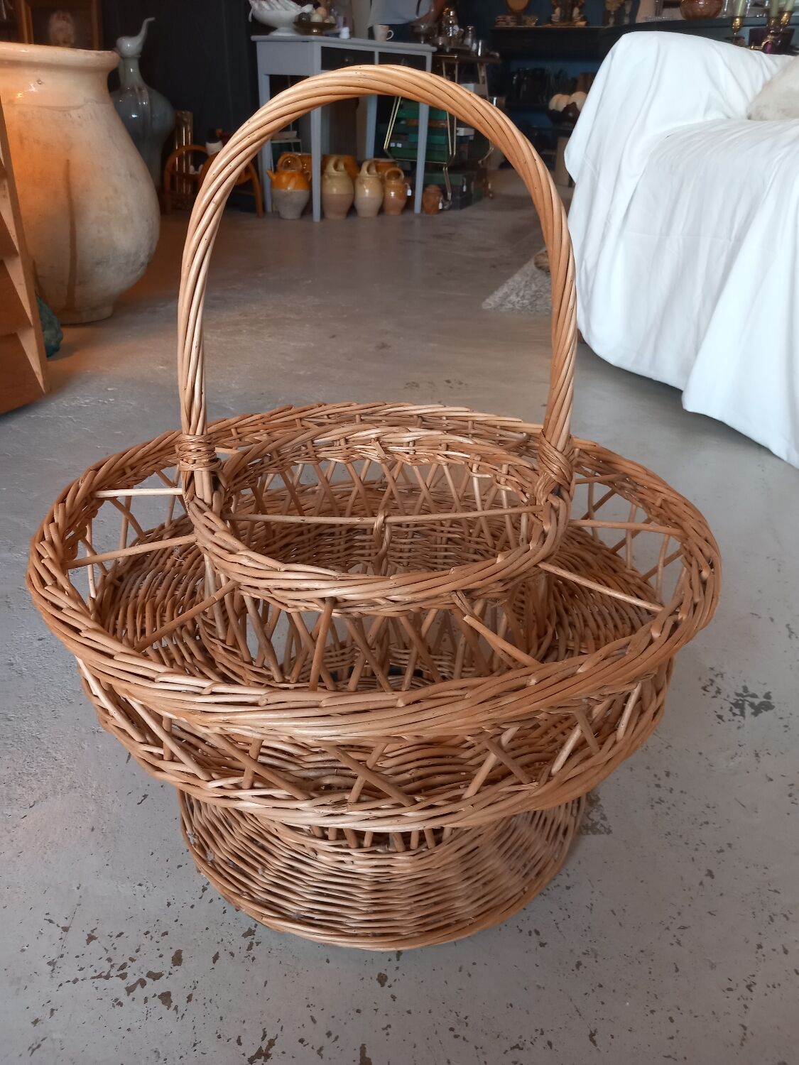 Wicker basket for glasses and bottles. Vintage