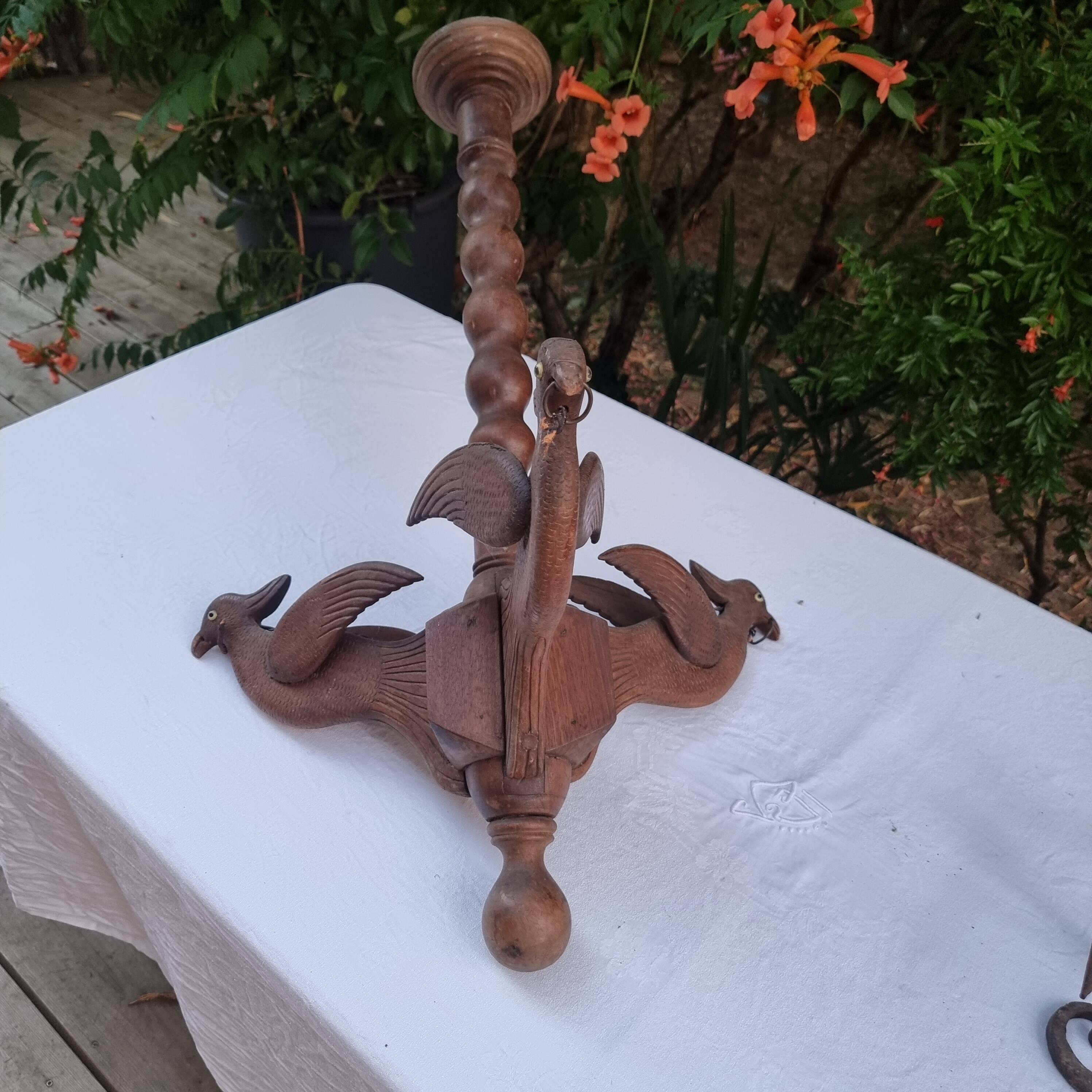 Antique lamp or candlestick, hand-carved, turned wood, Renaissance style