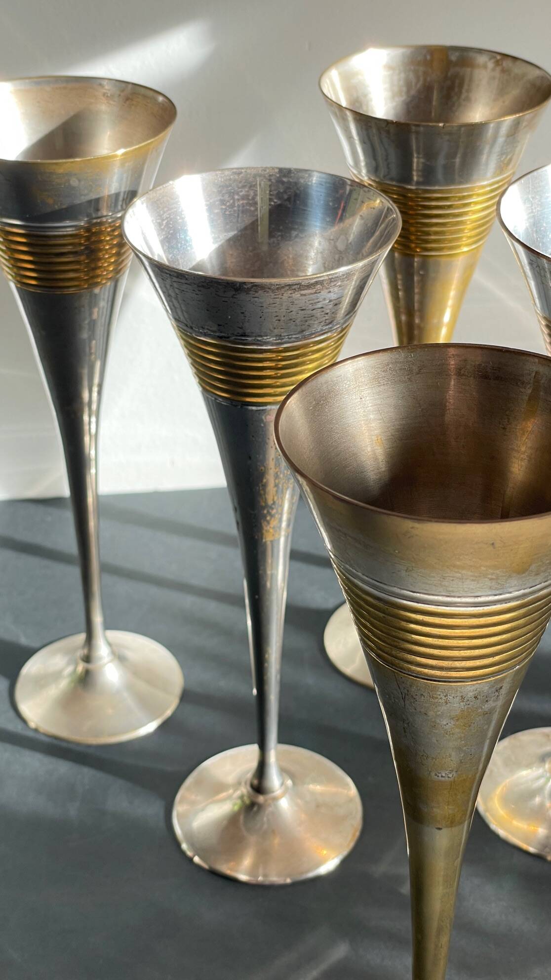 6 Vintage Silver-Plated Brass Champagne Flutes