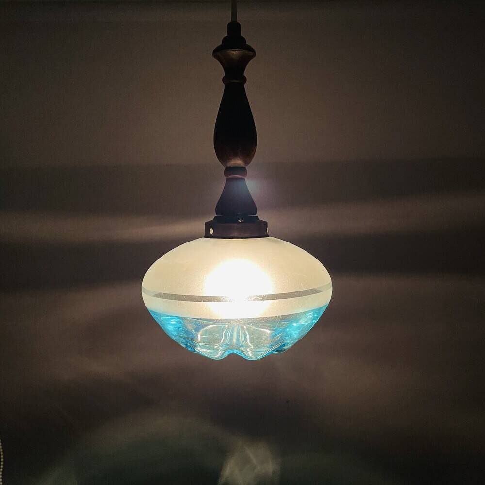 Vintage teak wood agua blue glass pendant lamp