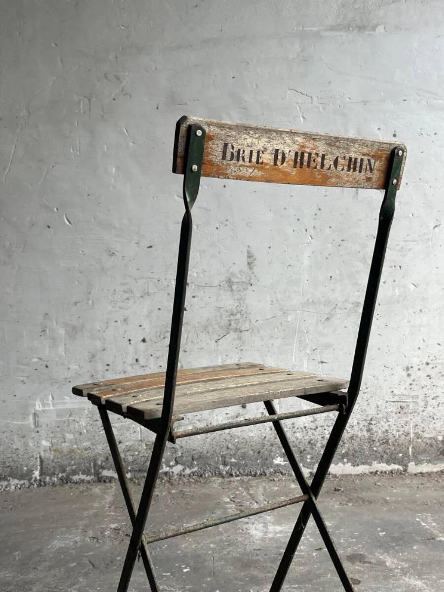 Vintage 1930 brewery terrace table with green metal and wooden folding chair