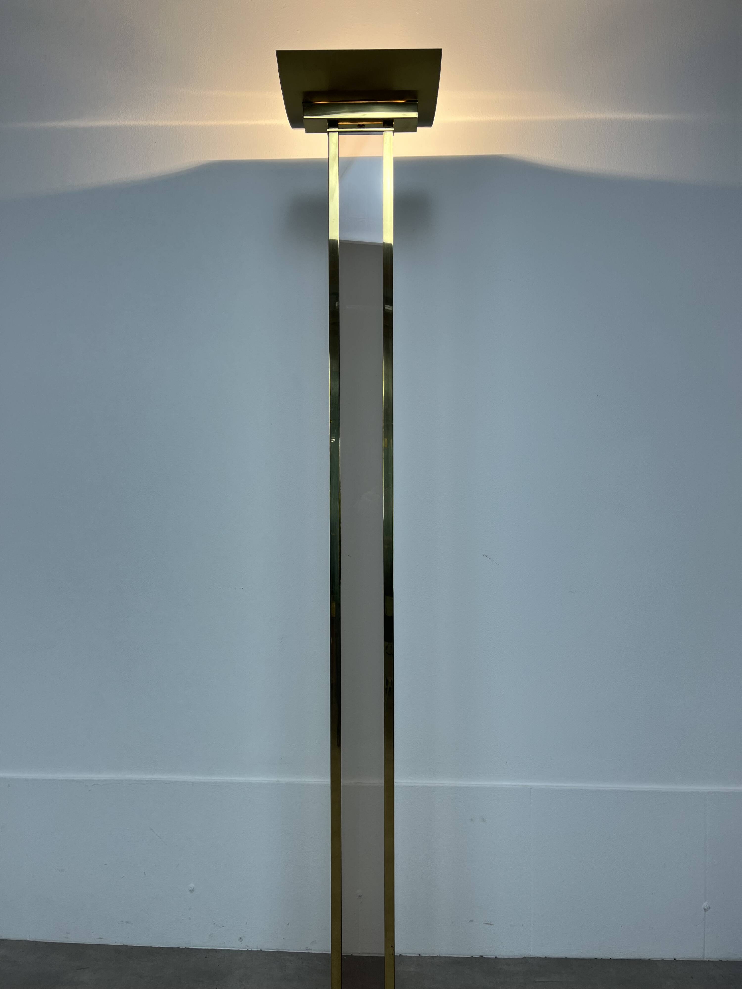 70s floor lamp in brass and smoked plexiglass, Hollywood Regency