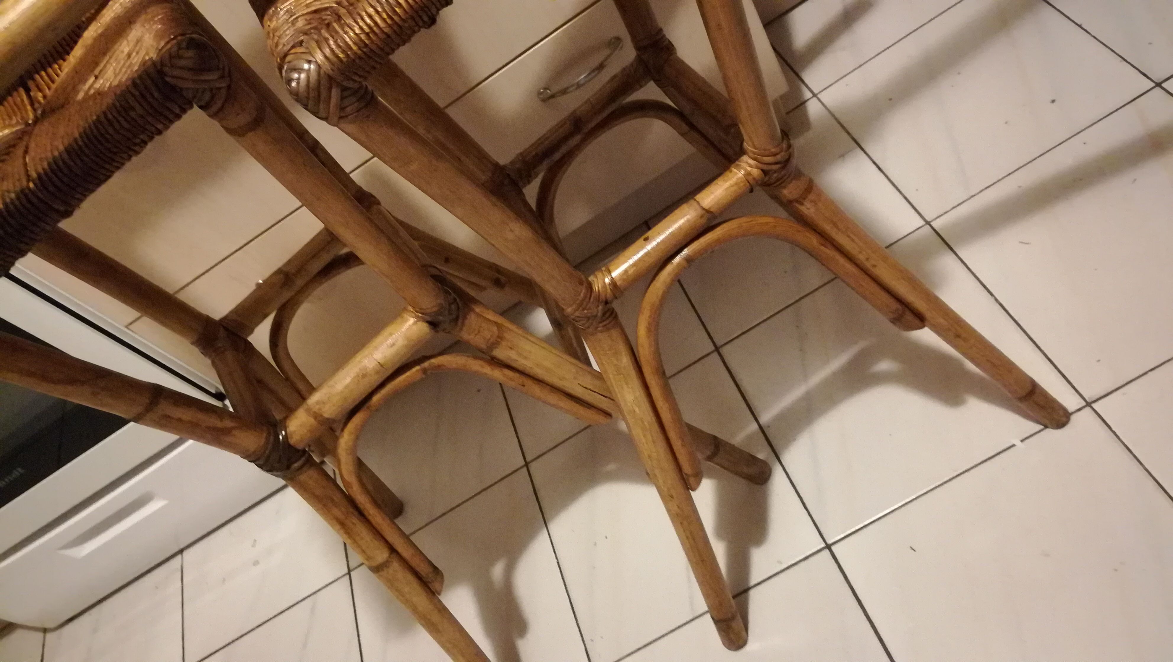 3 rattan bar stools seated mulched 1960s