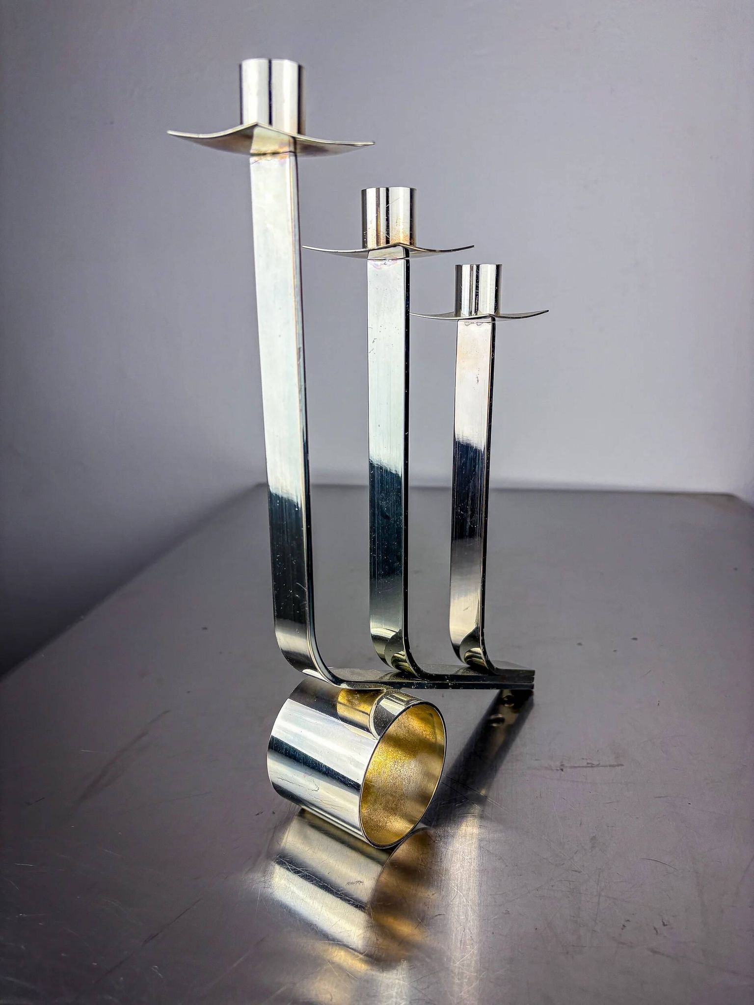 Art Deco 3-flame candelabra in stainless steel, France