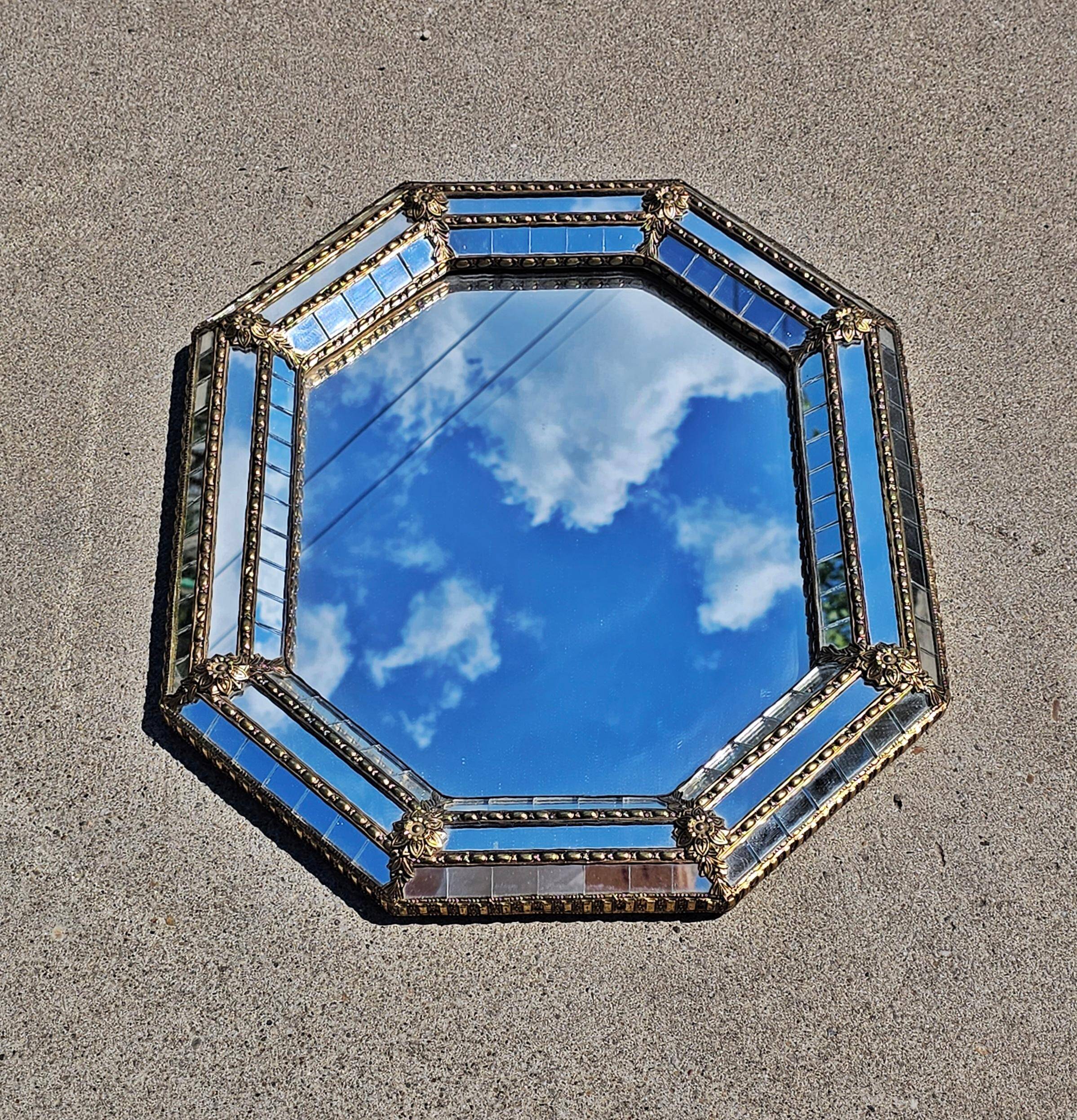 Octagonal Hollywood Regency Mirror with Floral Brass Accents, 1970s