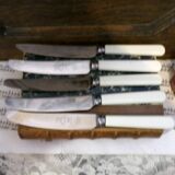 Box of 5 dessert knives in Sheffield steel with imitation bone handle.