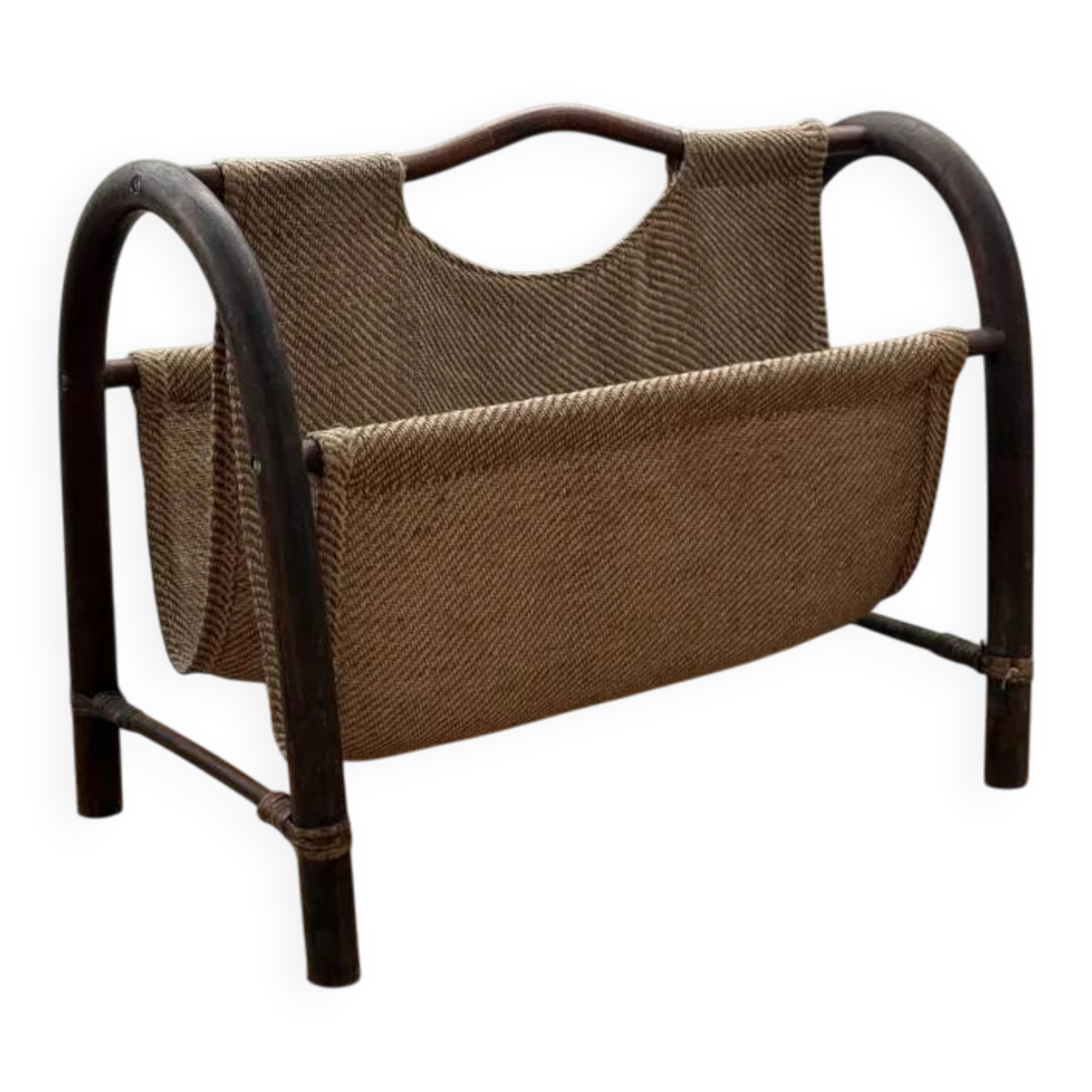 porte-revues vintage en rotin et jute | style bohème des années 50 | années 1970