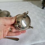 Ancien Saleron et Moutardier en Métal Argenté et Verre Bleu