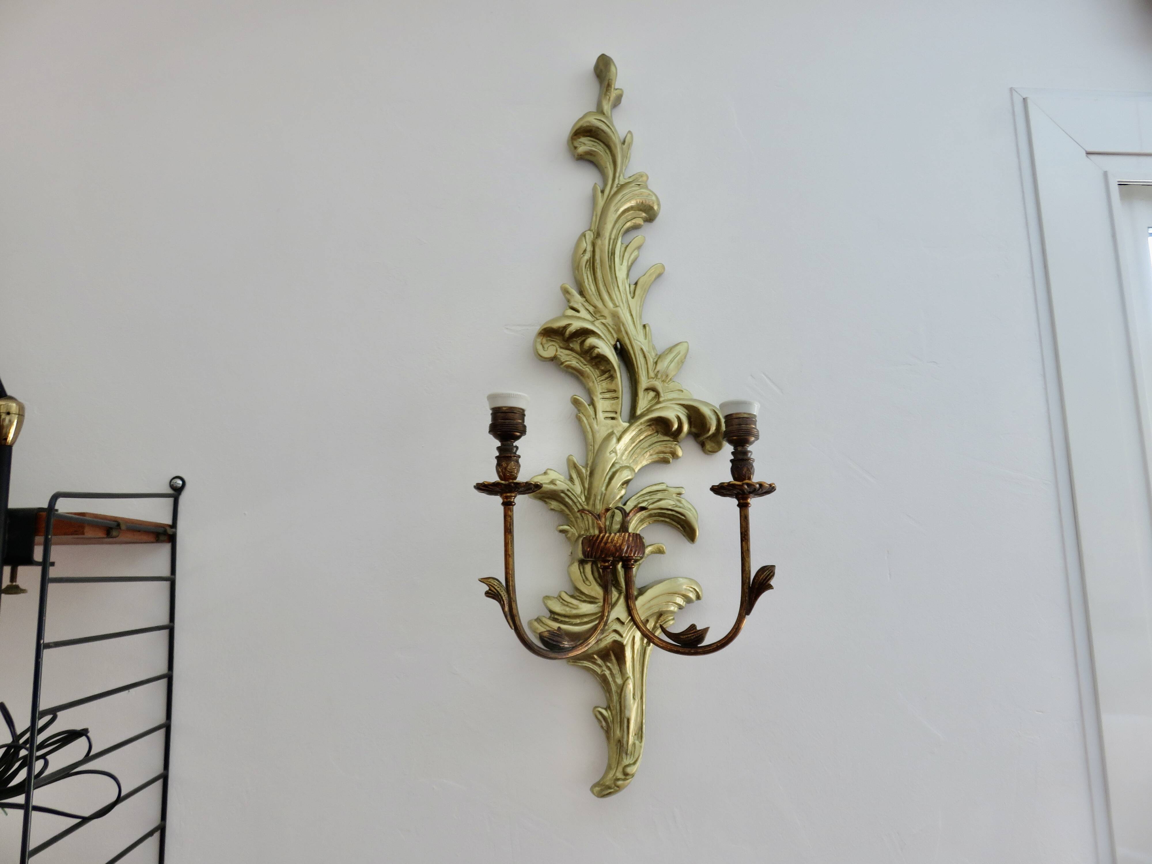 Pair of 86cm castle sconces in gilded wood from the 1940s