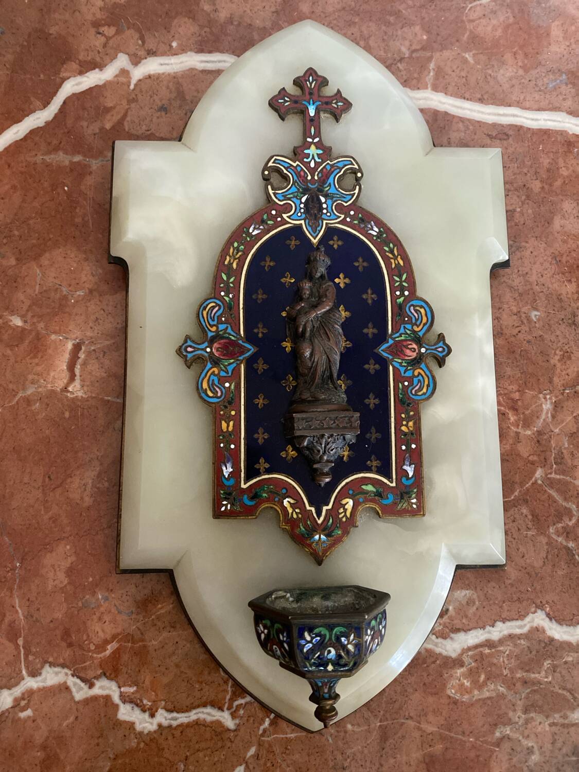 Very beautiful holy water font in cloisonné enamel on marble