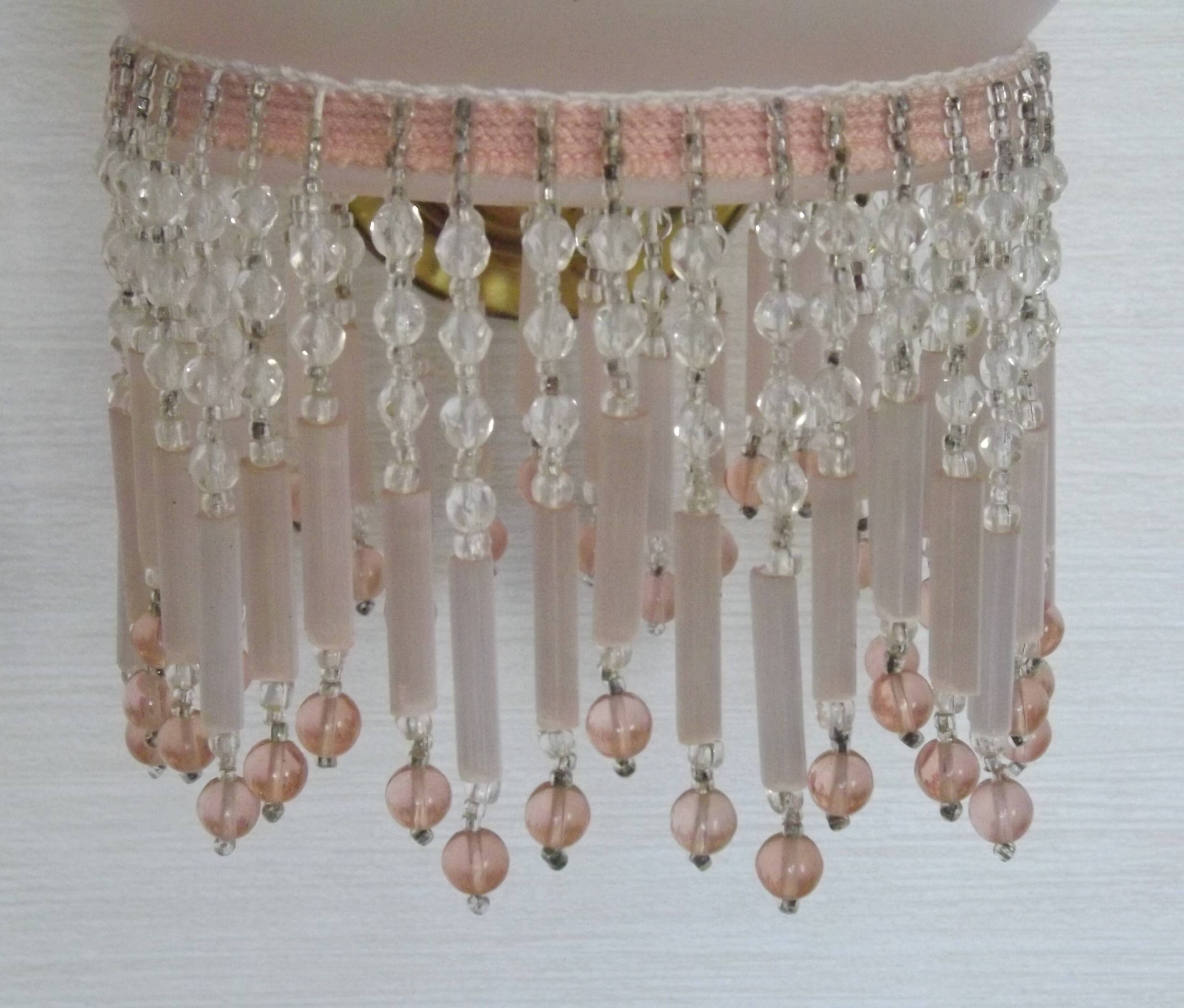 Pair of French Vintage Gold Wall Lights Pink Glass Beaded Fringe Shades