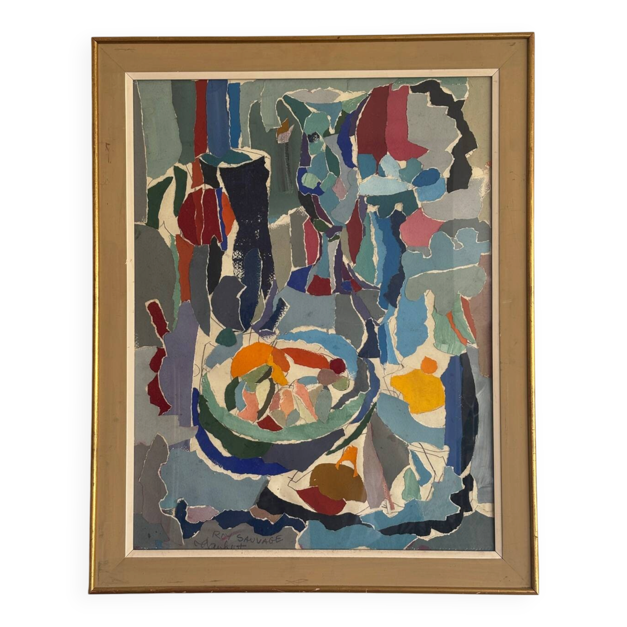 Tableau collage « le fouillis Bleu » signé