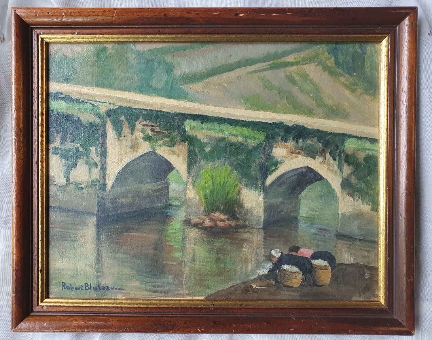 Old painting washerwomen in Brittany signed Robert Bluteau
