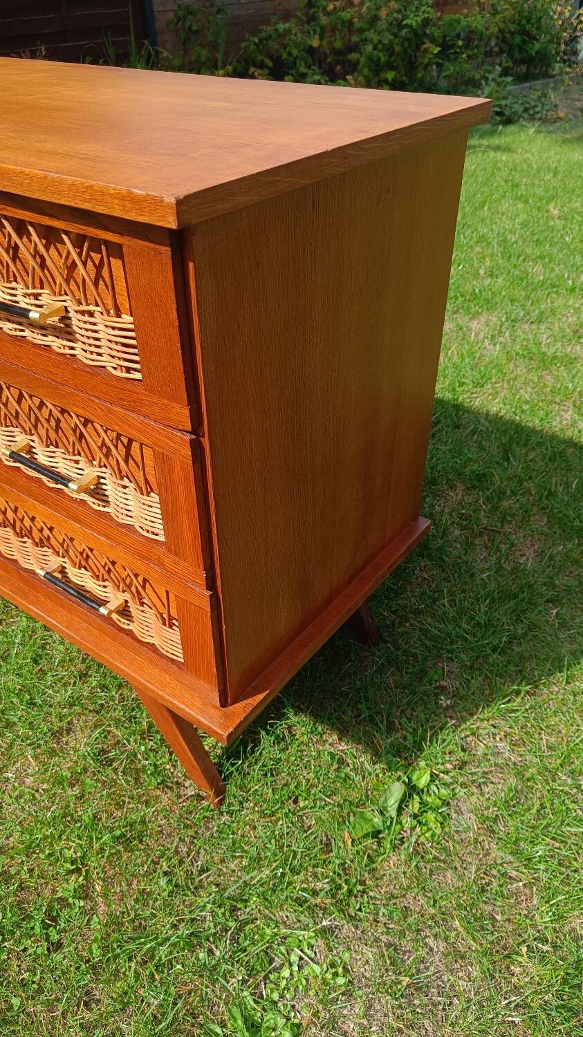 Rattan and wood splayed-leg chest of drawers