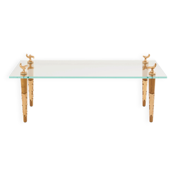 Oak coffee table with bronze and glass, signed Garouste & Bonetti 1995.