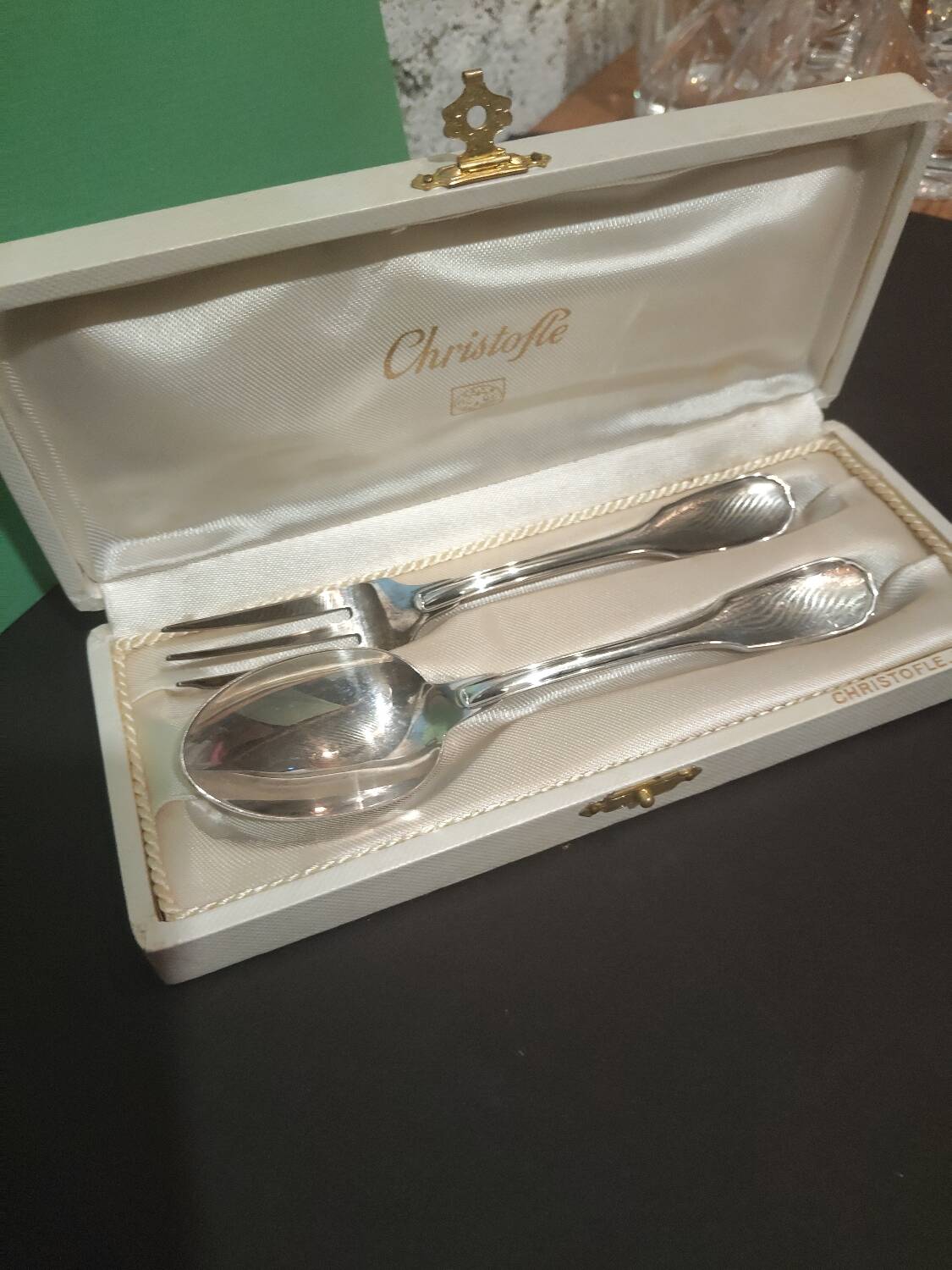 Christofle box – Child's spoon & fork – Silver-plated metal