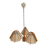 A rare bent beech and fabric three-branch ceiling pendant light by J Wickelgren and M Strandang for Aneta, Sweden, 1970s
