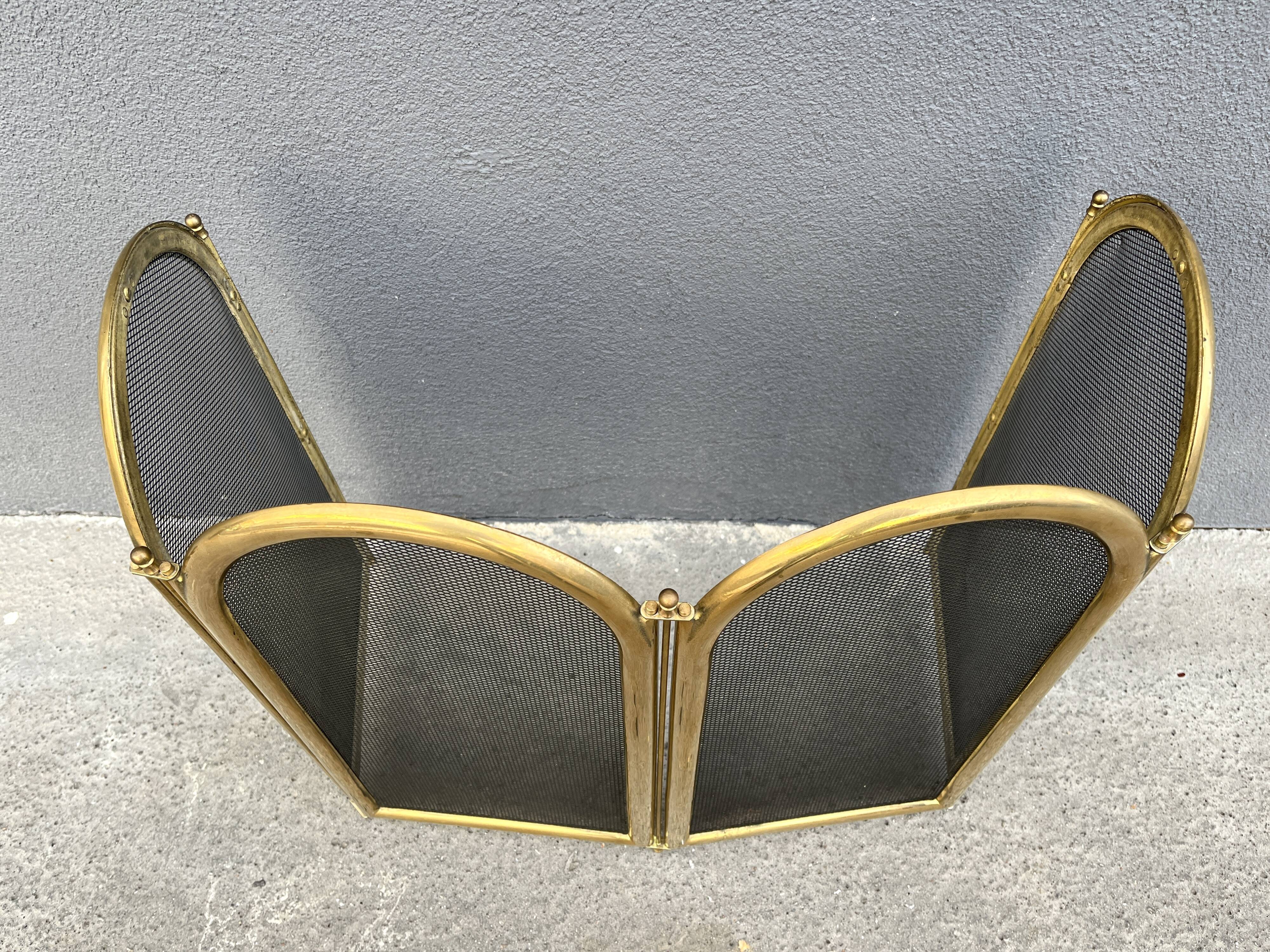 Antique 1920s Brass Fireplace Screen, Vintage French 4-Panel Spark Guard