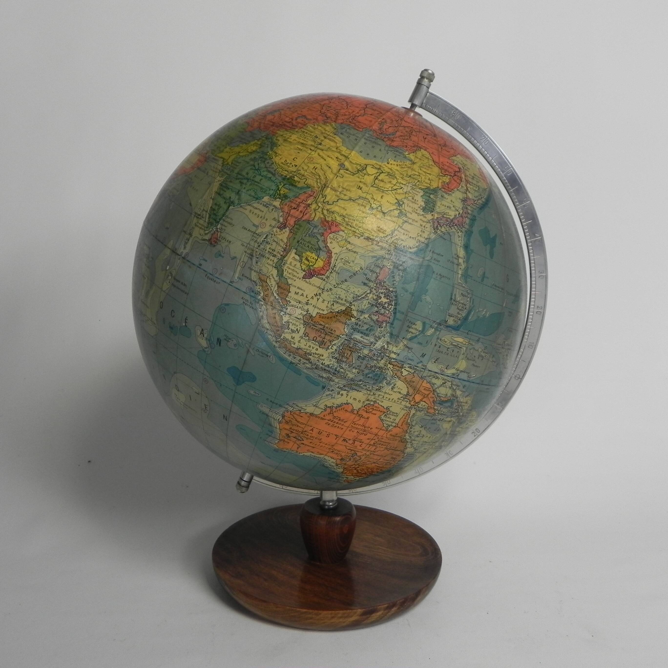 Paper mache globe on wooden base, 1960s