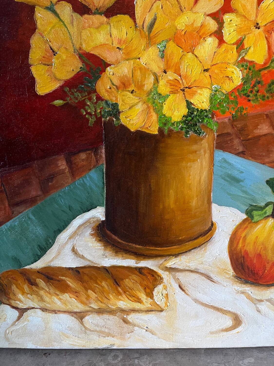 Still life with flowers, bread, apples and chair, signed