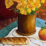 Still life with flowers, bread, apples and chair, signed