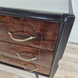 1960s chest of drawers in mahogany and lacquered mahogany with blue glass