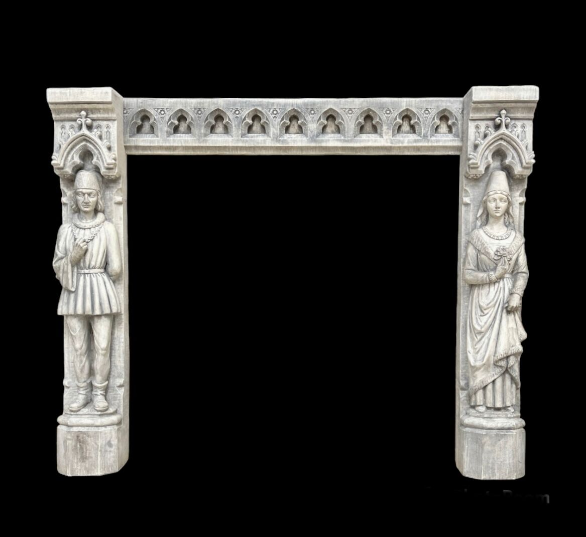 Neo-Gothic stone fireplace