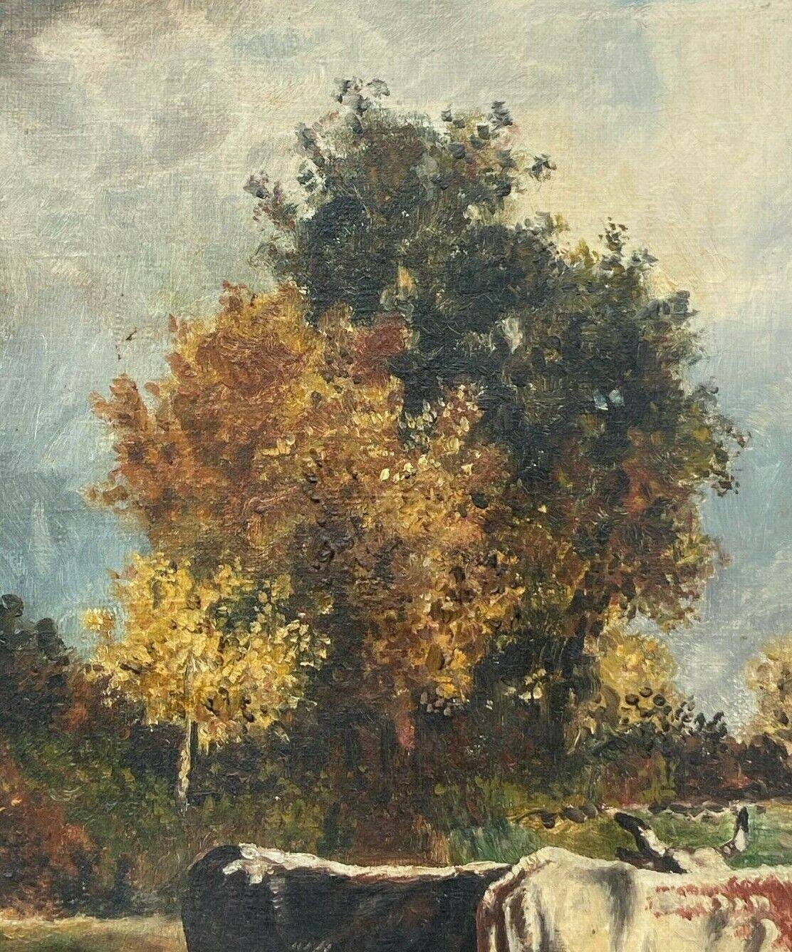 Oil by Lhopin or Hopin signature to identify woman cows Barbizon late 19th century