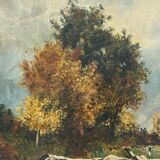 Oil by Lhopin or Hopin signature to identify woman cows Barbizon late 19th century