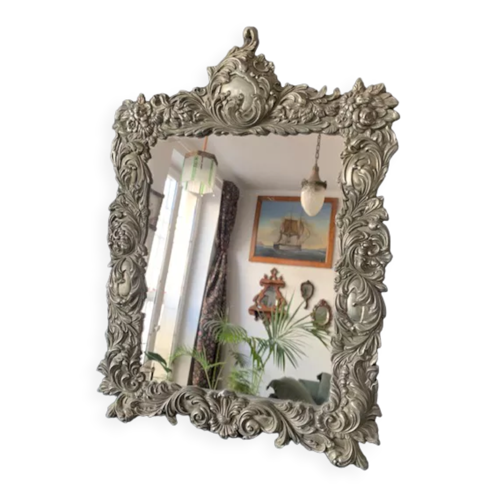 Antique Italian mirror in repoussé silver metal