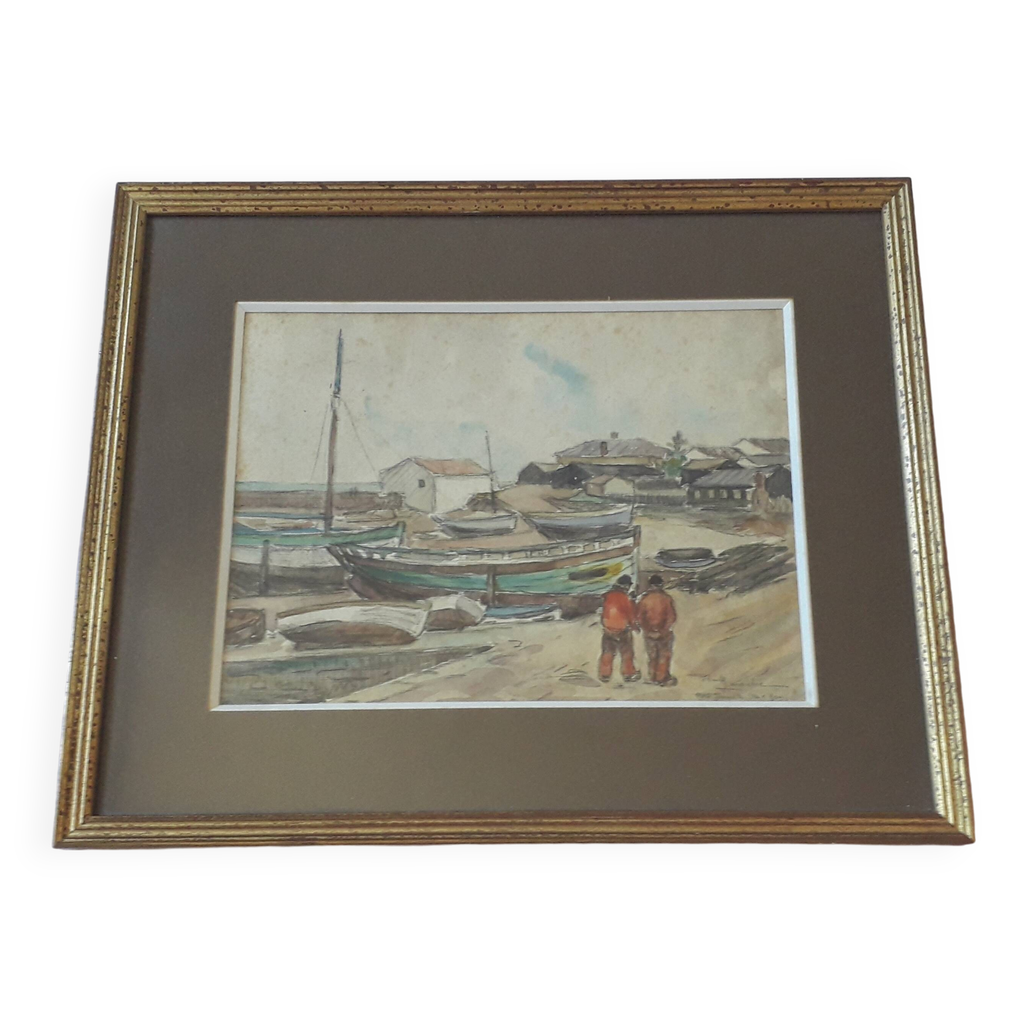 Old painting representing a marine scene by Robert Laroche